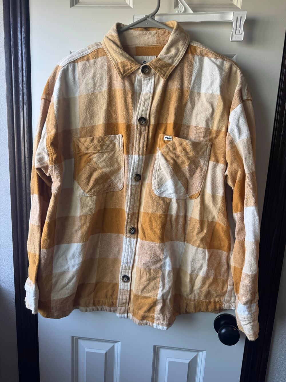Rip Curl Mustard Yellow White Plaid Buffalo Check Flannel Shacket Small